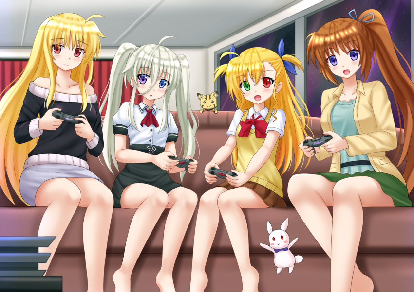 4girls :3 :d ahoge ascot asteion barefoot blonde_hair blue_eyes bow bowtie brown_hair collarbone commentary controller couch dualshock einhart_stratos eyebrows_visible_through_hair fate_testarossa frown game_console game_controller gamepad green_eyes hair_between_eyes hair_ribbon heterochromia high-waist_skirt highres indoors kazenokaze long_hair lyrical_nanoha mahou_shoujo_lyrical_nanoha_vivid multiple_girls night open_mouth playing_games puffy_short_sleeves puffy_sleeves red_eyes ribbon sacred_heart short_sleeves side_ponytail sidelocks silver_hair sitting skirt smile takamachi_nanoha twintails two_side_up very_long_hair violet_eyes vivio window