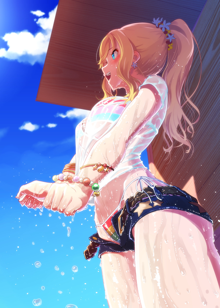 1girl bikini blonde_hair blue_eyes blush bracelet breasts clouds commentary_request day drying_clothes highres idolmaster idolmaster_cinderella_girls jewelry large_breasts long_hair looking_away maru_(sara_duke) ootsuki_yui open_mouth ponytail profile see-through shadow short_shorts shorts smile solo standing striped striped_bikini swimsuit swimsuit_under_clothes water wet wet_clothes