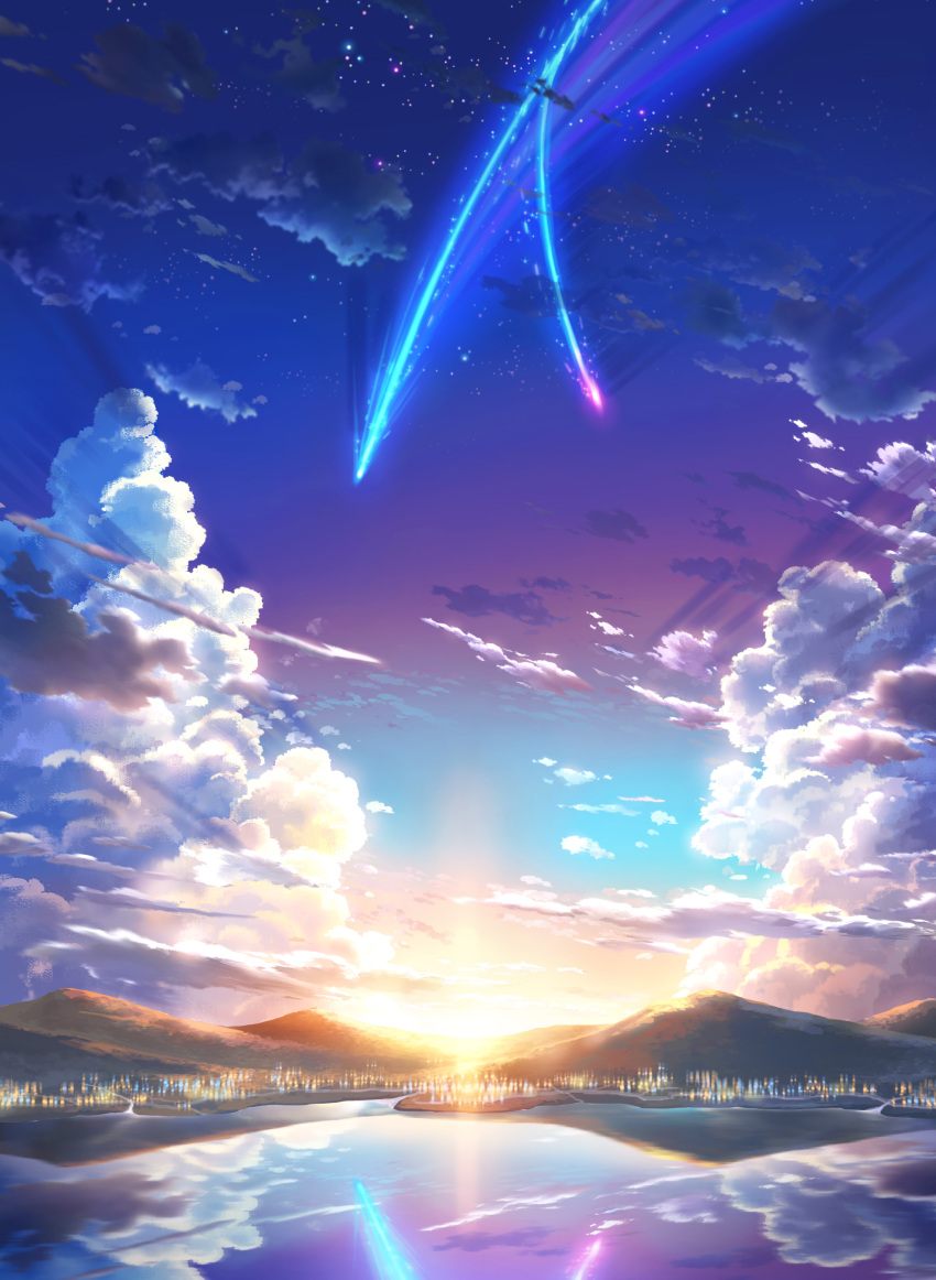 absurdres clouds cloudy_sky comet day highres kimi_no_na_wa lake no_humans reflective_pool scenery sky star_(sky) starry_skuy starry_sky sunlight unknown007
