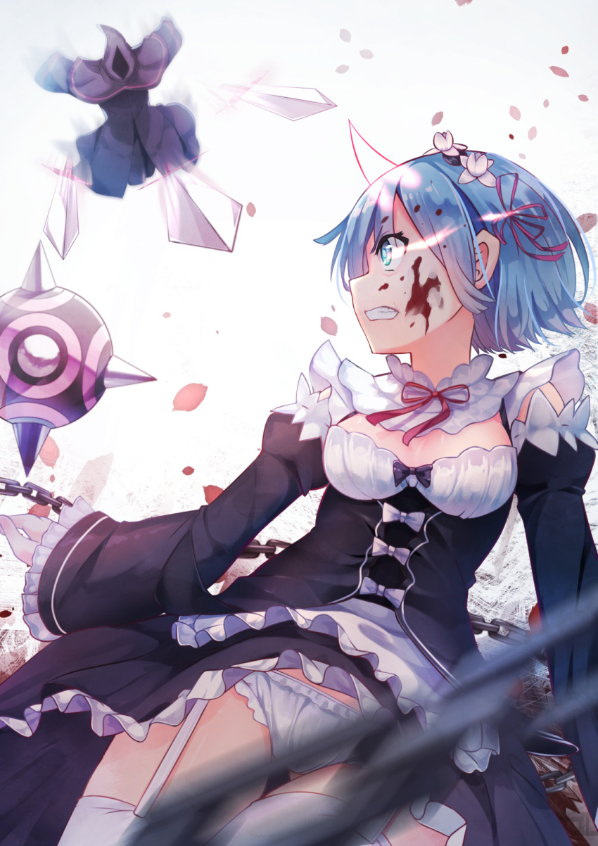 1girl blood blood_on_face blue_eyes blue_hair detached_sleeves frilled_panties frills highres panties pantyshot re:zero_kara_hajimeru_isekai_seikatsu rem_(re:zero) revision short_hair underwear weapon yan_(nicknikg)