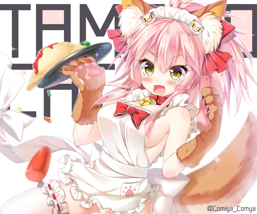 1girl animal_ears apron bell bell_collar blush breasts character_name cleavage collar fang fate/grand_order fate_(series) food fox_ears fox_tail hair_ribbon highres komiya_hitoma large_breasts long_hair looking_at_viewer maid_headdress naked_apron open_mouth paws pink_hair ribbon ribbon-trimmed_legwear ribbon_trim sideboob solo tail tamamo_(fate)_(all) tamamo_cat_(fate) white_legwear yellow_eyes