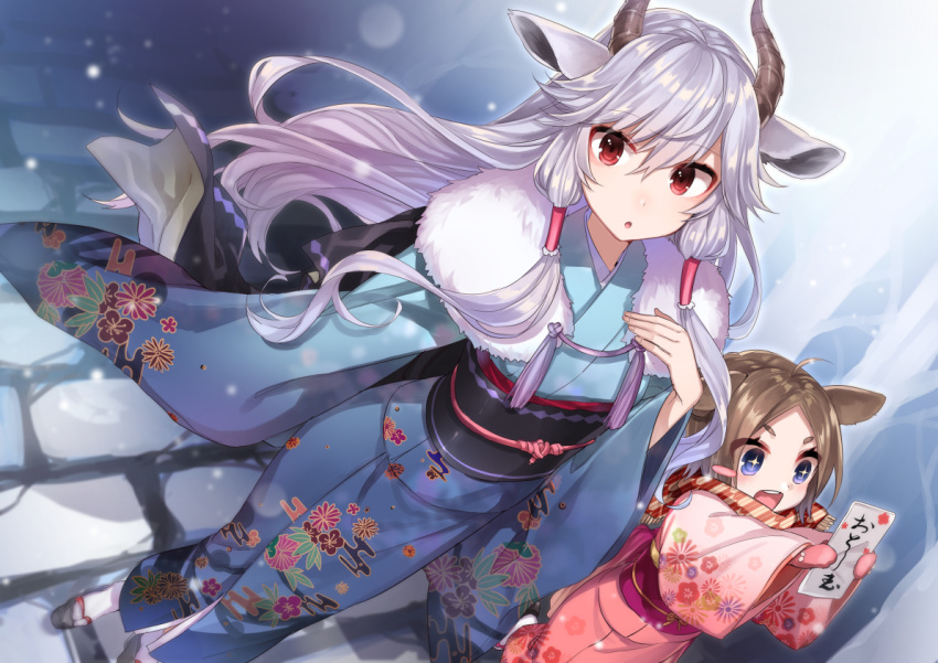 +_+ 2girls :o ahoge animal_ears arms_up bangs blue_eyes blue_kimono blurry blush brown_hair depth_of_field dutch_angle eyebrows_visible_through_hair floating_hair floral_print fur_collar furisode hair_between_eyes hair_tubes hand_on_own_chest holding horns japanese_clothes kimono long_hair looking_at_viewer multiple_girls new_year obi open_mouth original parted_lips pink_kimono red_eyes sandals sash shirako_miso smile snow socks standing swept_bangs teeth thick_eyebrows white_legwear
