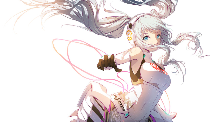 1girl black_gloves blue_eyes blue_hair breasts detached_sleeves floating_hair gloves hair_over_mouth headphones lengchan_(fu626878068) long_hair looking_at_viewer medium_breasts racing_miku sidelocks simple_background sleeveless solo very_long_hair vocaloid white_background
