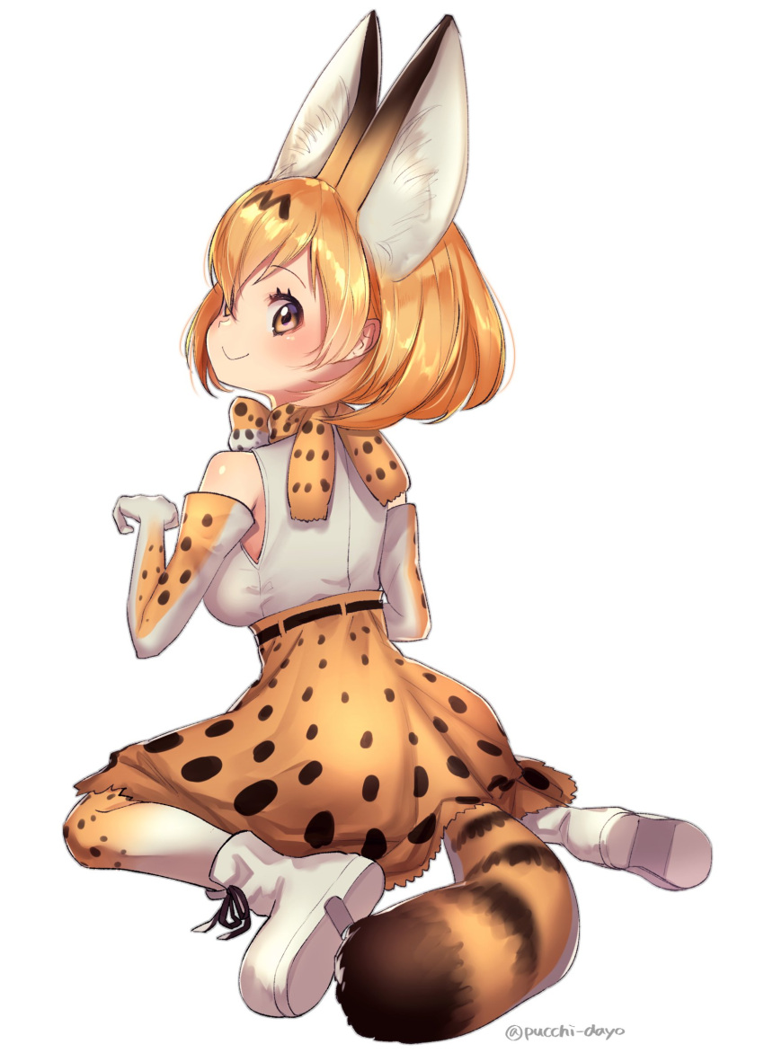 1girl animal_ears bare_shoulders blonde_hair blush breasts cat_ears cat_girl cat_tail from_behind full_body highres kemono_friends looking_back medium_breasts puchiman serval_(kemono_friends) serval_ears serval_print serval_tail short_hair simple_background sitting smile solo tail wariza white_background