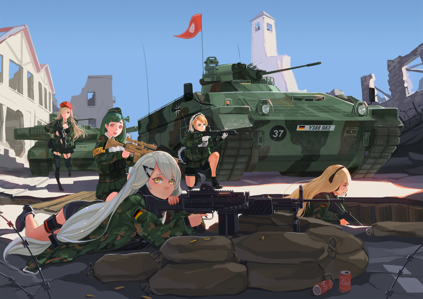 5girls armband barbed_wire beret black_boots black_bra black_legwear black_shorts blonde_hair blue_sky boots bra breasts building bundeswehr_schwarzes_kreuz camouflage can caterpillar_tracks cleavage closed_mouth commentary_request day eyebrows_visible_through_hair flag g28_(girls_frontline) g36_(girls_frontline) g36c_(girls_frontline) g3_(girls_frontline) garter_straps german_flag girls_frontline green_eyes green_hair green_skirt ground_vehicle gun hair_ornament hairclip hat headset holding holding_gun holding_weapon long_hair looking_ahead looking_at_viewer low-tied_long_hair lying machine_gun maid_headdress medium_breasts mg4_(girls_frontline) military military_hat military_uniform military_vehicle motor_vehicle multiple_girls on_stomach one_knee open_mouth outdoors pleated_skirt profile red_eyes rifle sandbag shadow shell_casing shorts sima_naoteng skirt sky smile sniper_rifle soda_can standing steeple sunlight tagme tank thigh-highs underwear uniform vehicle_request very_long_hair walking weapon weapon_request yellow_eyes