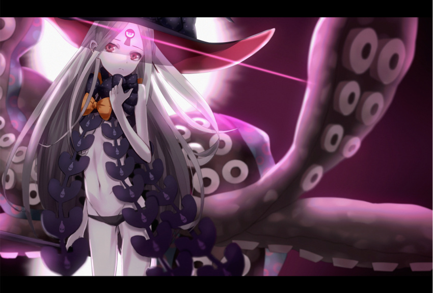 1girl abigail_williams_(fate/grand_order) bangs black_bow black_hat black_panties bow closed_mouth commentary_request fate/grand_order fate_(series) glowing groin hand_up hat hat_bow ka1se1 long_hair looking_at_viewer navel orange_bow pale_skin panties parted_bangs polka_dot polka_dot_bow red_eyes revealing_clothes silver_hair solo suction_cups tentacle topless underwear very_long_hair witch_hat
