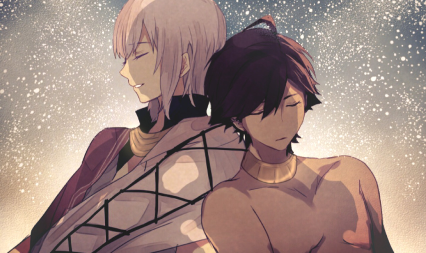 2boys brown_hair collarbone dark_skin dark_skinned_male fate/prototype fate/prototype:_fragments_of_blue_and_silver fate_(series) glowing jewelry moses_(fate/prototype_fragments) multiple_boys necklace parted_lips pink_hair rider_(fate/prototype_fragments) shirtless sleeping smile takimiho upper_body white_hair
