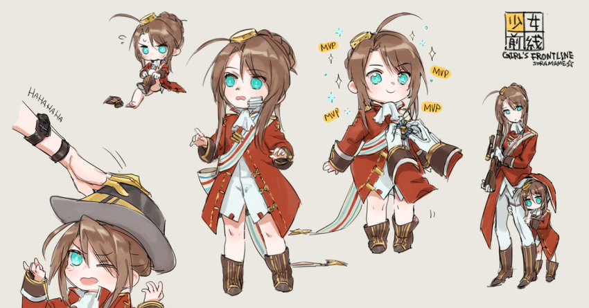 artist_name boots braid brown_boots brown_hair coat copyright_name dressing dual_persona french_braid girls_frontline gloves green_eyes gun hair_ornament hat knee_boots lee-enfield lee-enfield_(girls_frontline) medal one_eye_closed open_mouth pants personification red_coat ribbon rifle scope short_hair sketch soramame_(corndog) sparkle sweatdrop text thompson_submachine_gun_(girls_frontline) weapon white_gloves white_pants younger