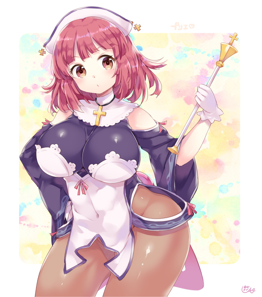 1girl bare_shoulders breasts brown_eyes covered_navel cross curvy gloves hand_on_hip hat highres la_pucelle large_breasts looking_at_viewer miyano_ururu mole mole_under_eye nippon_ichi pantyhose prier red_eyes redhead solo thighs wand white_gloves wide_hips