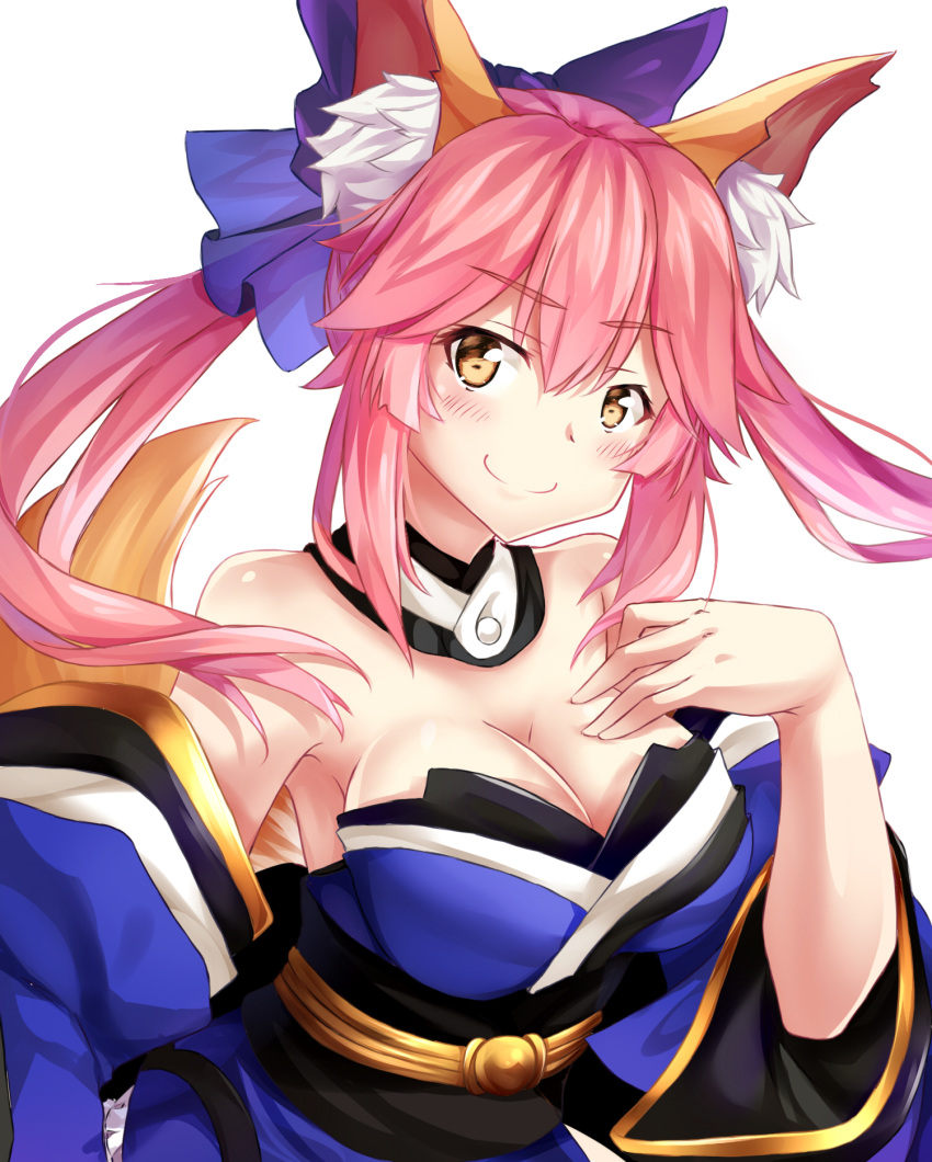 1girl animal_ears blush breasts chrisandita cleavage detached_sleeves fate/extra fate/extra_ccc fate/grand_order fate_(series) fox_ears fox_tail hair_ribbon hand_on_own_chest highres japanese_clothes large_breasts light_smile pink_hair ribbon simple_background solo tail tamamo_(fate)_(all) tamamo_no_mae_(fate) white_background yellow_eyes