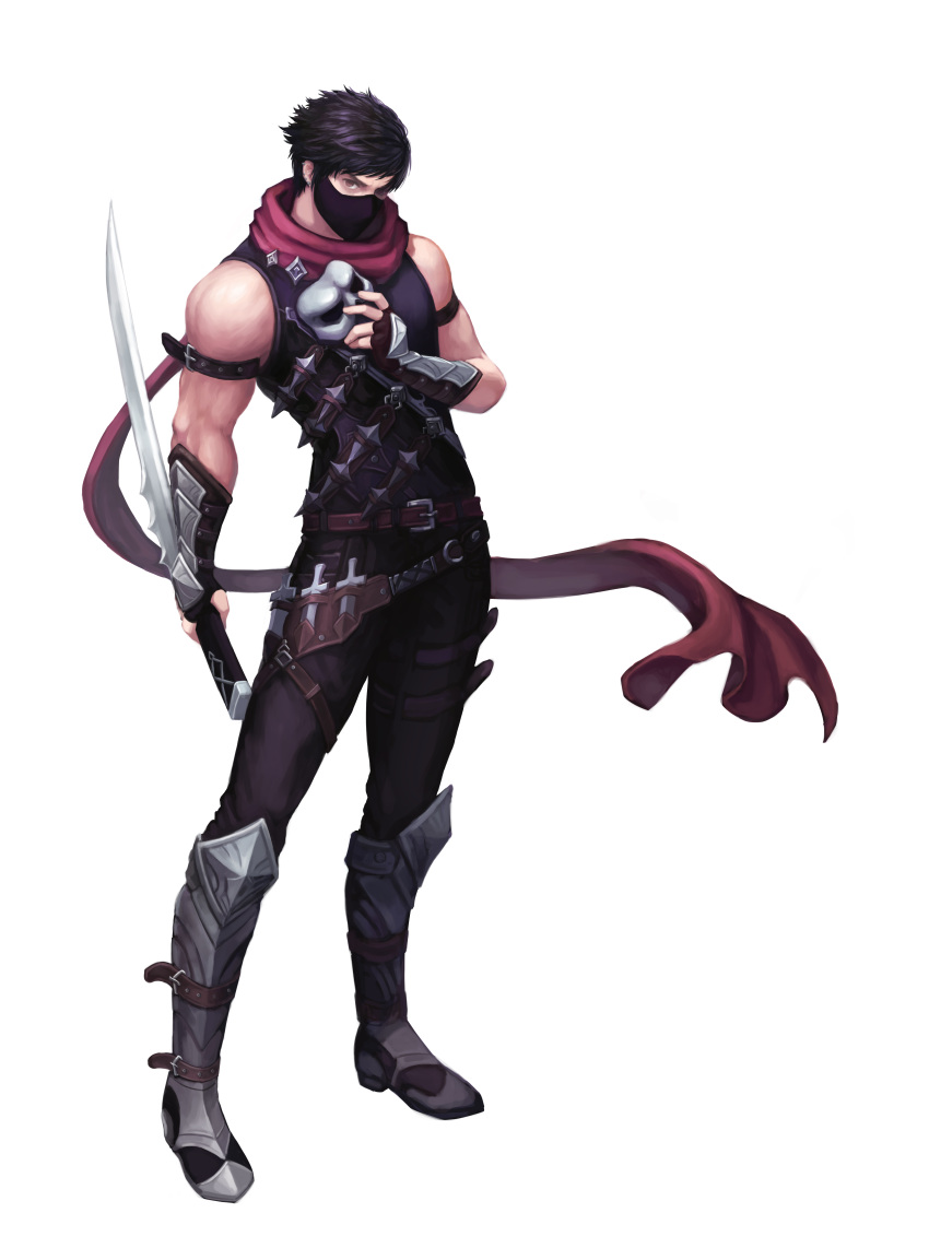 1boy absurdres arm_belt bandana_over_mouth belt black_hair black_pants brown_eyes covered_mouth earrings fingerless_gloves full_body gloves greaves highres holding holding_mask holding_sword holding_weapon jewelry knife looking_at_viewer male_focus mask mingjeung_seo ninja pants red_scarf scarf solo standing sword throwing_knife weapon