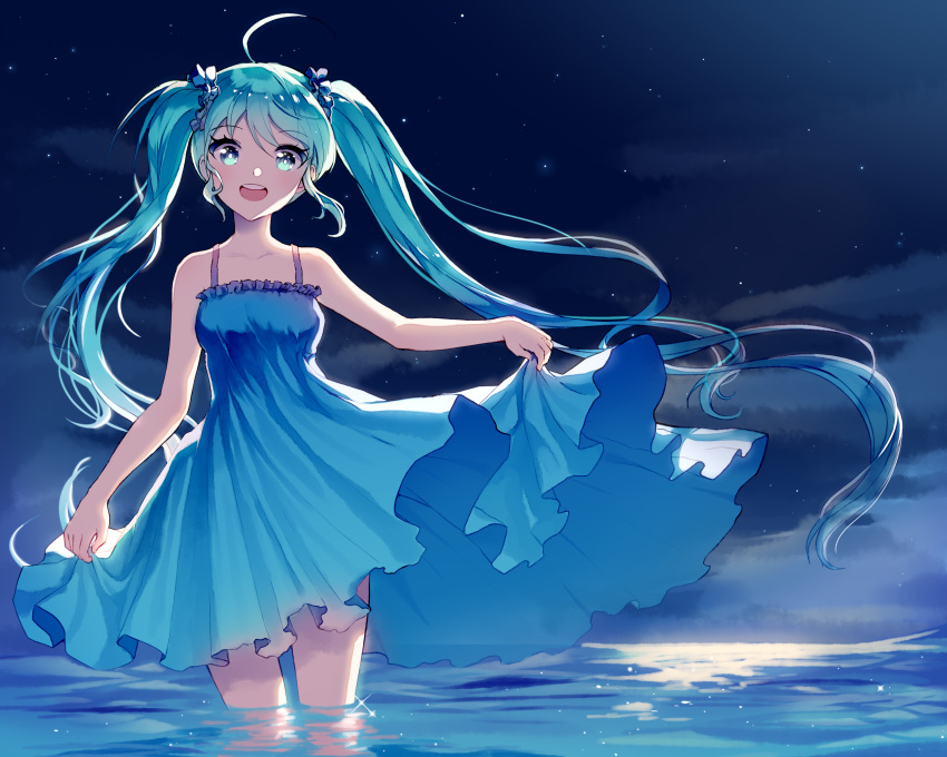 1girl :d ahoge aqua_eyes aqua_hair backlighting bare_arms bare_shoulders blue_dress blue_eyes blue_hair blush breasts bright_pupils clouds collarbone cowboy_shot dress dress_lift floating_hair frilled_dress frills hair_ornament hair_scrunchie hatsune_miku highres horizon lifted_by_self long_hair looking_at_viewer mechuragi night ocean open_mouth reflection round_teeth scrunchie skirt_hold sleeveless sleeveless_dress small_breasts smile solo sparkle standing sundress teeth thighs twintails very_long_hair vocaloid wading water wind