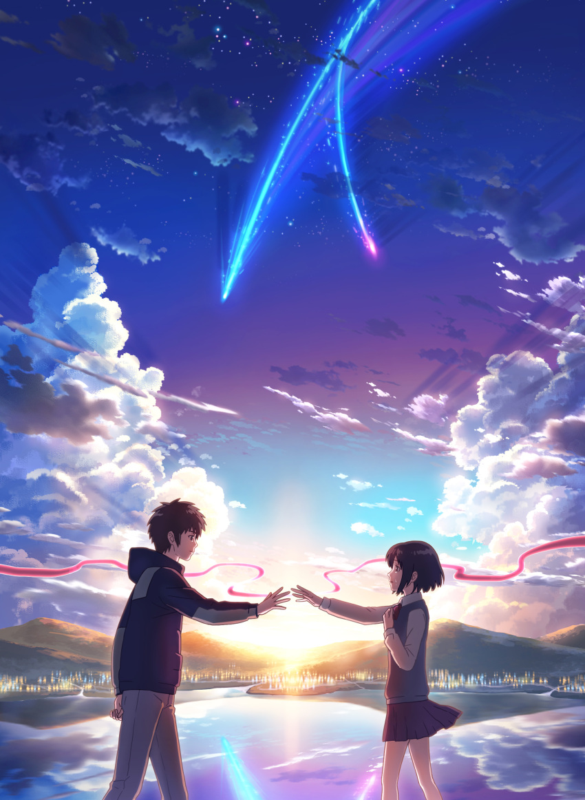 1boy 1girl absurdres black_hair black_skirt blue_sweater bow bowtie brown_eyes clouds cloudy_sky comet day grey_pants highres hood hooded_sweaer hooded_sweater kimi_no_na_wa miniskirt miyamizu_mitsuha open_mouth outdoors pants pleated_skirt red_bow red_bowtie reflecting_pool shirt short_hair skirt sky standing sunlight sweater tachibana_taki tears unknown007 white_shirt
