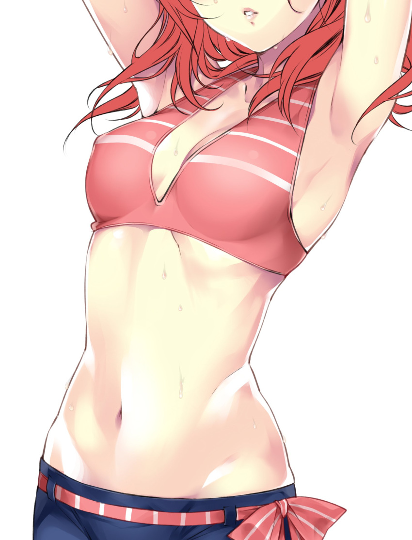 10s 1girl armpits arms_up breasts cleavage collarbone cowboy_shot hario_4 head_out_of_frame highres lips love_live! love_live!_school_idol_project medium_breasts medium_hair midriff navel nishikino_maki parted_lips redhead simple_background solo sweat unfinished white_background