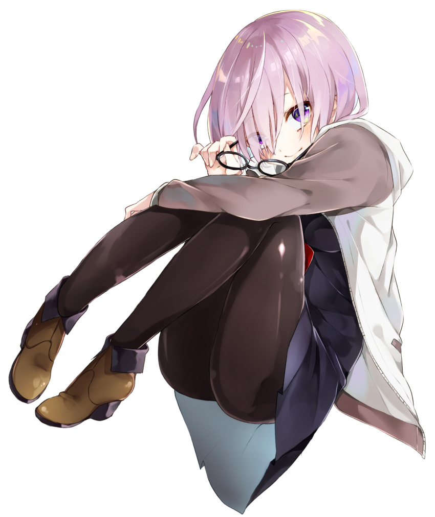1girl black_dress black_legwear dress eyebrows_visible_through_hair fate/grand_order fate_(series) full_body glasses hair_over_one_eye highres jacket looking_at_viewer open_clothes open_jacket pantyhose pleated_dress purple_hair shielder_(fate/grand_order) shiny shiny_clothes short_dress short_hair simple_background smile solo violet_eyes white_background white_jacket