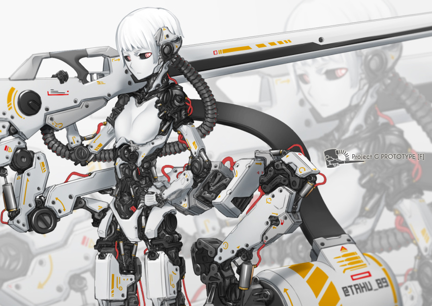 1girl android black_sclera cable drum_magazine gun looking_at_viewer red_eyes rifle robot robot_joints science_fiction solo tafuu_(tortafu) weapon white_hair