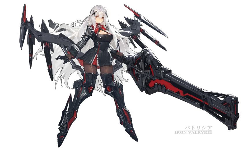 1girl albino armor black_dress black_gloves black_legwear boots breasts cleavage cleavage_cutout dress full_body gloves highres huge_weapon kishiyo large_breasts long_hair looking_at_viewer mecha_musume mechanical_wings metal_boots original pantyhose red_eyes revision silver_hair smile solo tachi-e thigh-highs thigh_boots very_long_hair weapon white_hair wings