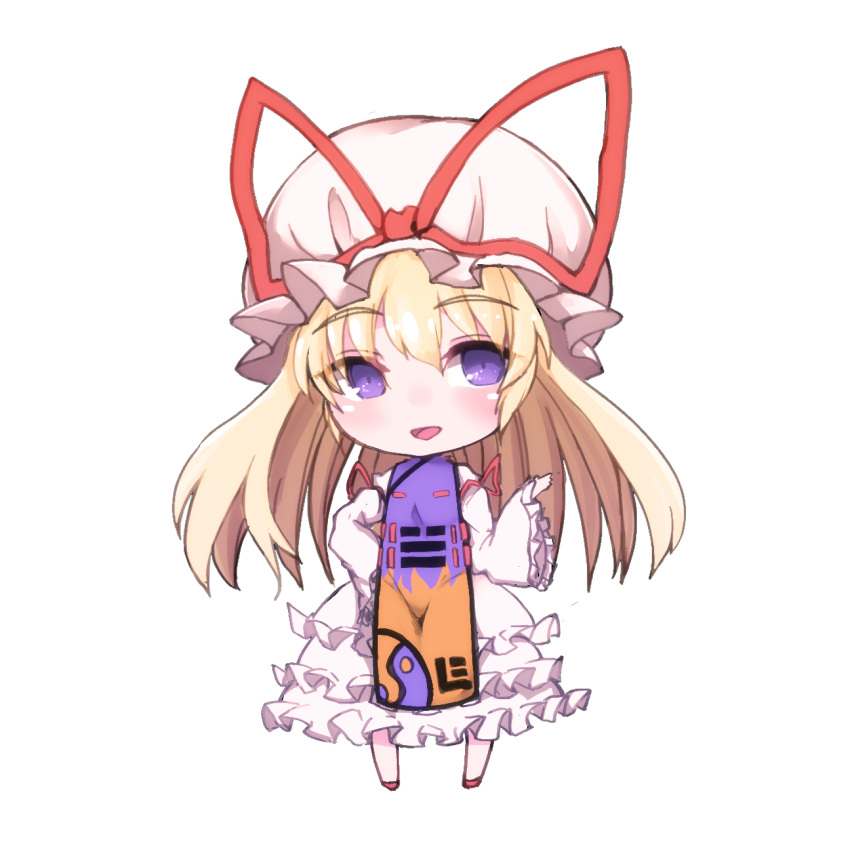 1girl bangs blonde_hair blush chibi commentary_request dress eyebrows_visible_through_hair eyes_visible_through_hair frilled_dress frilled_sleeves frills full_body hair_between_eyes hand_on_hip hand_up hat hat_ribbon highres long_hair long_sleeves looking_at_viewer mob_cap nanahi_toshi open_mouth red_shoes reflective_eyes ribbon shiny shiny_skin shoes simple_background smile solo tabard touhou very_long_hair violet_eyes white_background white_dress wide_sleeves yakumo_yukari