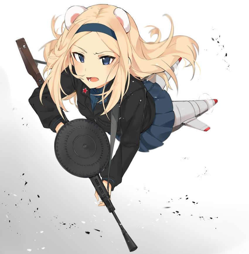 1girl aleksandra_i_pokryshkin animal_ears bear_ears blonde_hair blue_eyes brave_witches flying gun hairband highres long_hair military military_uniform open_mouth pleated_skirt skirt solo striker_unit tuxedo_de_cat uniform weapon weapon_request world_witches_series