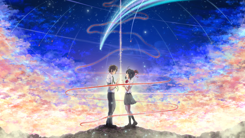 1boy 1girl absurdres antenna_hair black_hair black_legwear black_pants black_skirt bow bowtie bracelet brown_eyes comet dactyl eye_contact from_side full_body green_necktie hair_ribbon highres jewelry kimi_no_na_wa kneehighs looking_at_another miyamizu_mitsuha necktie open_mouth pants pleated_skirt ponytail red_bow red_bowtie red_ribbon ribbon shirt short_hair_with_long_locks short_sleeves sidelocks skirt sky standing star_(sky) starry_sky striped striped_necktie tachibana_taki teras white_shirt