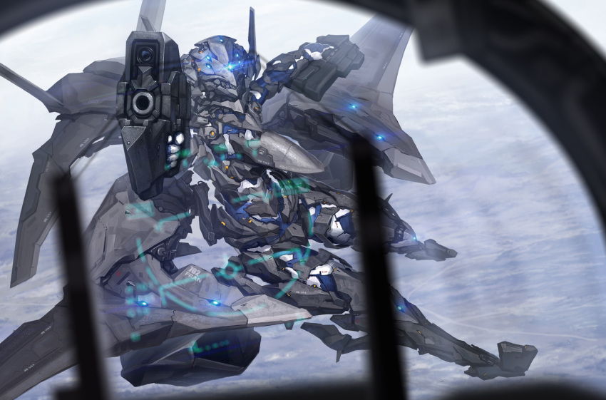 1girl ace_combat ace_combat_x aircraft airplane armor bodysuit boots commentary_request gloves gun headgear heads-up_display long_hair looking_at_viewer machinery mecha_musume military military_vehicle personification pov solo thigh-highs tom-neko_(zamudo_akiyuki) weapon wings yr-99_forneus