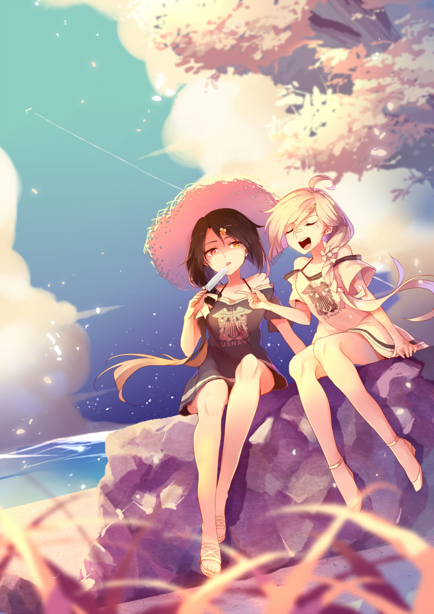 2girls ahoge bilan_hangxian black_hair blonde_hair blush closed_eyes flower food hair_flower hair_ornament hat highres long_hair mole mole_under_eye multiple_girls open_mouth popsicle sandals sitting smile straw_hat teeth tongue tongue_out yetworldview_kaze