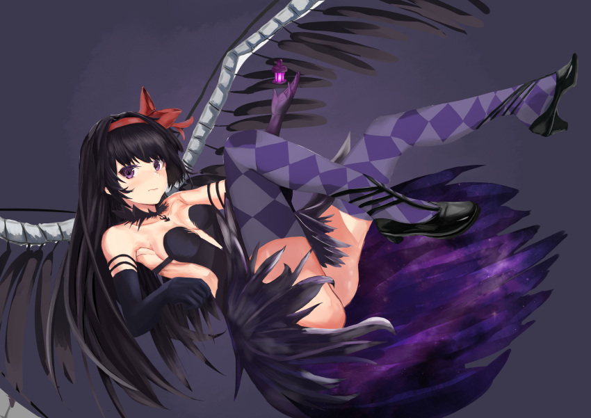 1girl absurdres akemi_homura akuma_homura argyle argyle_legwear black_hair blush breasts choker cleavage collarbone elbow_gloves feathers gloves grey_background grief_seed hair_ribbon highres long_hair looking_at_viewer mahou_shoujo_madoka_magica mahou_shoujo_madoka_magica_movie no_panties red_ribbon ribbon sideboob sketch small_breasts solo thigh-highs thighs violet_eyes wings