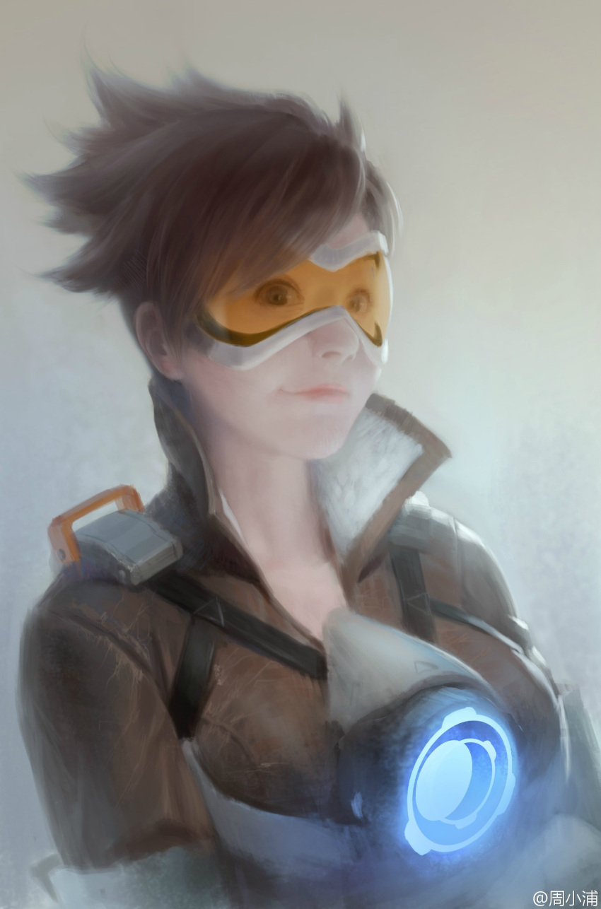 1girl absurdres bomber_jacket brown_eyes brown_hair brown_jacket goggles highres jacket leather leather_jacket looking_at_viewer orange_goggles overwatch pu_zhou short_hair simple_background solo spiky_hair tracer_(overwatch) upper_body