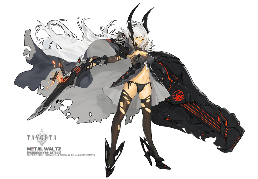 1girl black_legwear black_panties breasts character_request cleavage erect_nipples full_body highres holding holding_sword holding_weapon horns kishiyo large_breasts long_hair panties panzer_waltz revision simple_background smile solo sword tachi-e thigh-highs torn_clothes torn_thighhighs underwear very_long_hair weapon white_background white_hair yellow_eyes