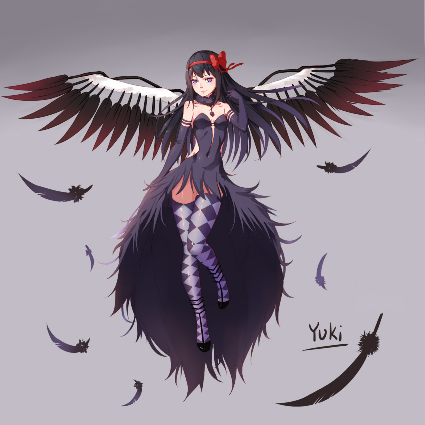 1girl akemi_homura akuma_homura argyle argyle_legwear black_hair breasts choker cleavage feathers grey_background groin hair_flip hand_in_hair highres mahou_shoujo_madoka_magica mahou_shoujo_madoka_magica_movie small_breasts solo thigh-highs thighs violet_eyes wings zyl