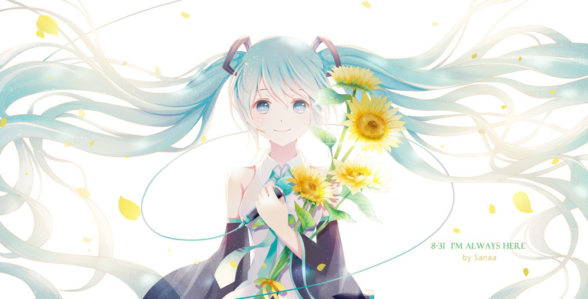 1girl absurdly_long_hair aqua_necktie blue_eyes blue_hair bow detached_sleeves flower hair_bow hair_ornament hatsune_miku holding holding_flower holding_microphone long_hair looking_at_viewer microphone necktie sanaa shirt simple_background sleeveless sleeveless_shirt smile solo twintails upper_body very_long_hair vocaloid white_background white_shirt yellow_flower