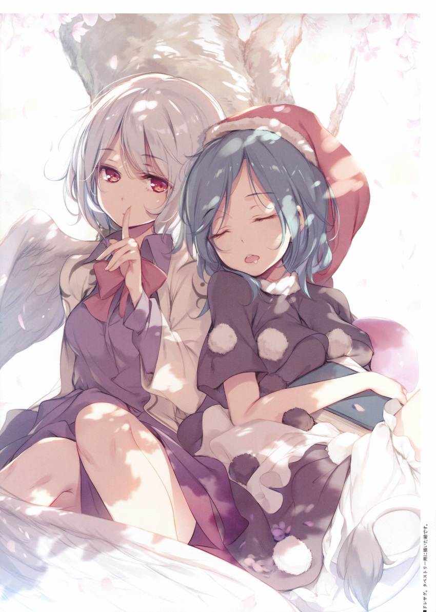 2girls absurdres bangs black_dress bloomers blue_hair book bow bowtie breasts closed_eyes closed_mouth collared_dress dappled_sunlight doremy_sweet dress drooling eyebrows_visible_through_hair feathered_wings finger_to_mouth hat highres index_finger_raised jacket ke-ta kishin_sagume knees_up long_hair long_sleeves looking_at_viewer medium_breasts multiple_girls open_clothes open_jacket open_mouth pom_pom_(clothes) purple_dress red_bow red_bowtie red_eyes red_hat round_teeth saliva scan short_hair short_sleeves shushing silver_hair single_wing sitting sleeping sleeping_upright sunlight tail teeth touhou translated underwear white_wing wing_collar wings