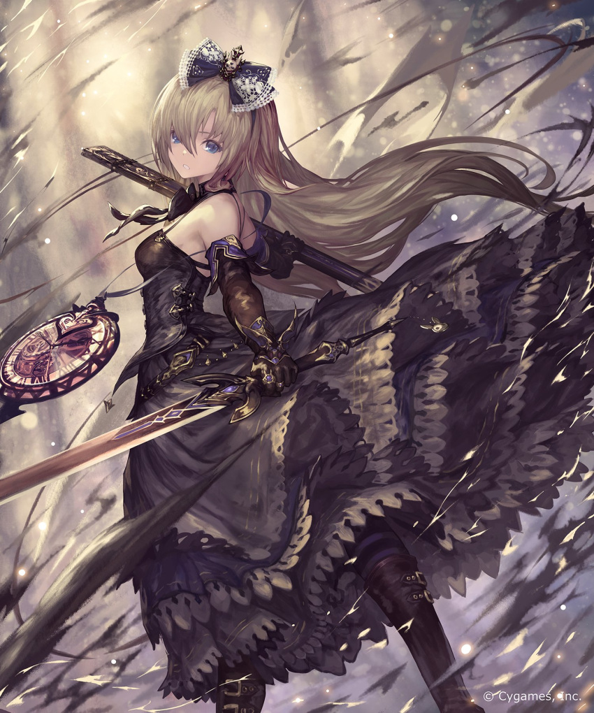 1girl belt blonde_hair blue_eyes boots character_request clock copyright copyright_request dress elbow_gloves gloves hair_ribbon hairband highres jewelry knee_boots layered_dress long_hair looking_at_viewer neck_ribbon ribbon ring serious sheath solo striped striped_legwear sword tachikawa_mushimaro unsheathed watermark weapon wind