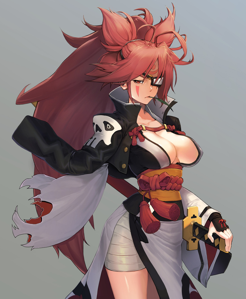 1girl amputee baiken breasts cleavage eyepatch facial_mark facial_tattoo grey_background guilty_gear guilty_gear_xrd half-closed_eyes highres jacket_on_shoulders japanese_clothes k1_(erin22) katana kimono large_breasts leaf long_hair pink_hair ponytail red_eyes sarashi sash scar scar_across_eye sheath sheathed simple_background solo sword tattoo torn_sleeve very_long_hair weapon
