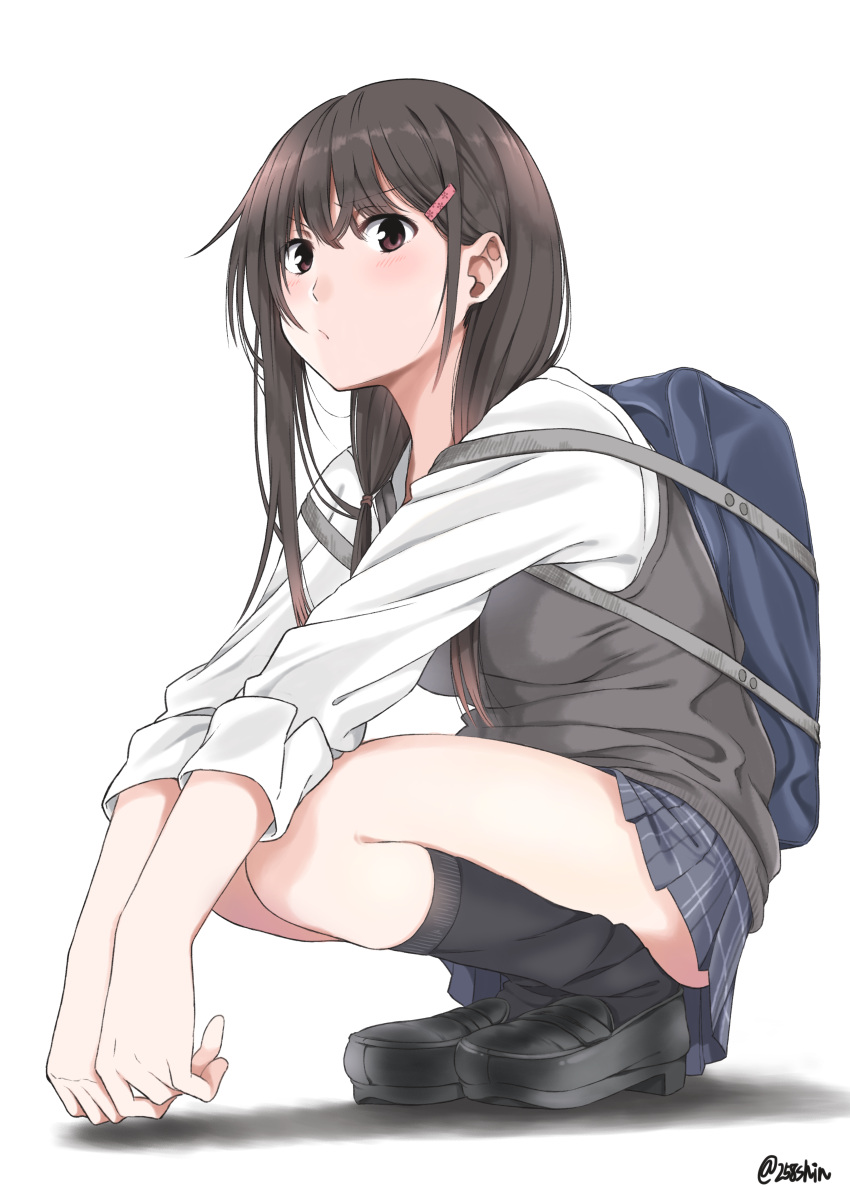 &gt;:/ 1girl :/ absurdres amu_(258shin) artist_name backpack bag bangs black_legwear black_shoes blush breasts brown_eyes brown_hair commentary_request furrowed_eyebrows hair_ornament hair_tie hairclip highres kneehighs loafers long_hair looking_at_viewer medium_breasts original plaid plaid_skirt pleated_skirt pout school_uniform shirt shoes simple_background skirt solo squatting sweater_vest twitter_username v_arms white_background white_shirt