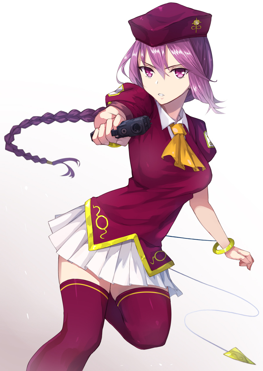 1girl apo_(apos2721) bangs bracelet braid gun hat highres jewelry long_hair looking_at_viewer melty_blood puffy_short_sleeves puffy_sleeves purple_hair short_sleeves single_braid sion_eltnam_atlasia skirt solo thigh-highs tsukihime type-moon very_long_hair violet_eyes weapon white_skirt zettai_ryouiki