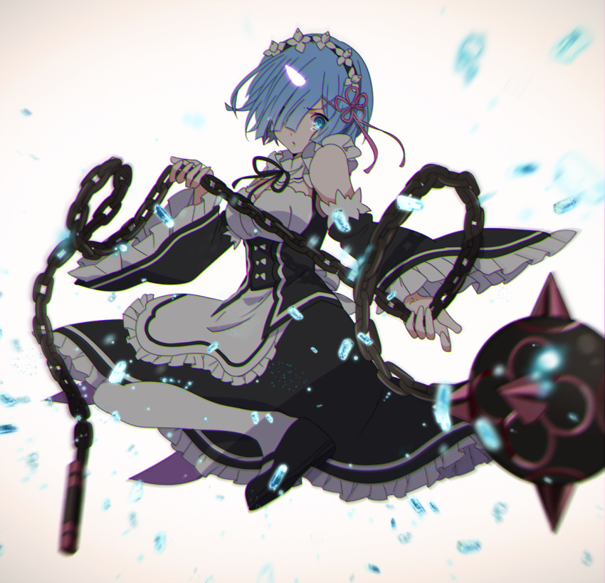 1girl anzai105 black_ribbon blue_eyes blue_hair breasts chains choker cleavage detached_sleeves dress full_body gradient gradient_background grey_background hair_over_one_eye hair_ribbon head_wings holding holding_weapon maid medium_breasts parted_lips pink_ribbon re:zero_kara_hajimeru_isekai_seikatsu rem_(re:zero) ribbon short_hair sleeveless sleeveless_dress solo tears weapon white_legwear