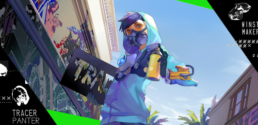 1girl alternate_costume alternate_hair_color bangs black_hair blue_gloves blue_hoodie blue_jacket blue_sky brown_eyes building can character_name covered_mouth day gas_mask gloves goggles graffiti graffiti_tracer harness highres holding holding_can hood hood_up hooded_jacket jacket looking_at_viewer outdoors overwatch paint_can short_hair sky solo spiky_hair spray_can swept_bangs tracer_(overwatch) tree tugai upper_body vambraces window zipper