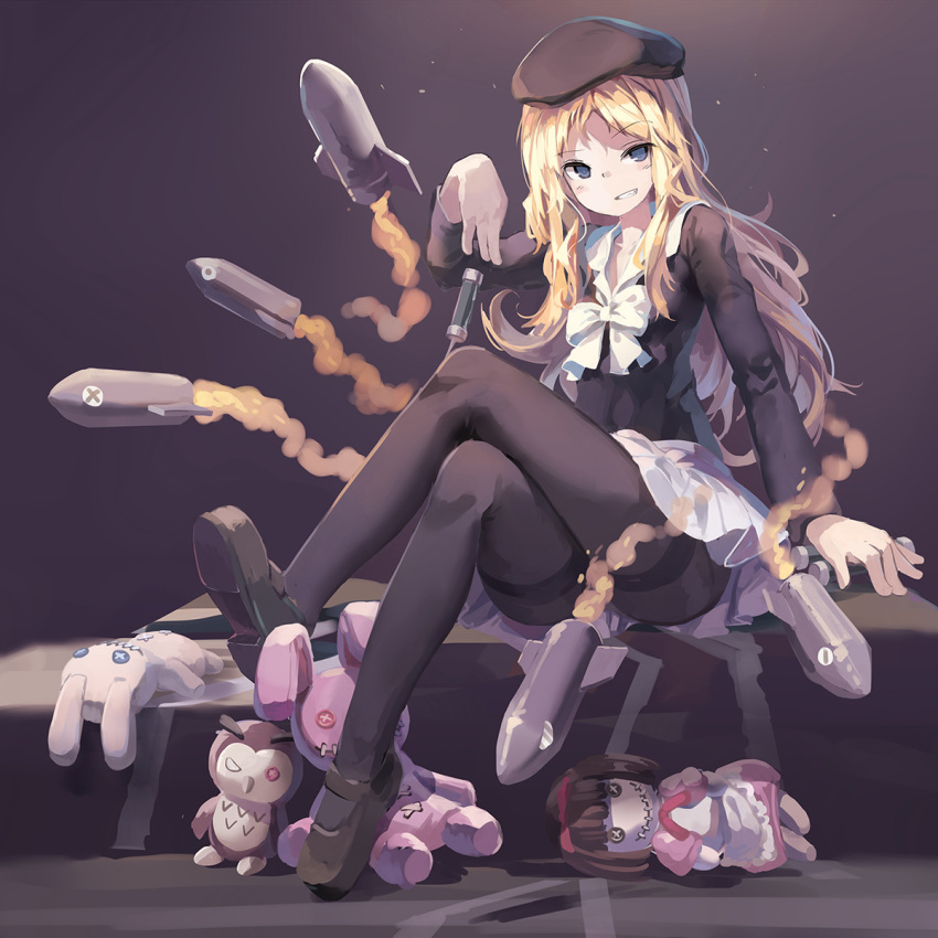 1girl beret black_legwear blonde_hair blue_eyes buttons commentary_request doll eyebrows_visible_through_hair frenda_seivelun full_body grin hat highres holding huanxiang_huifeng legs_crossed long_hair missile pantyhose parted_lips pleated_skirt ribbon school_uniform shoes sitting skirt smile solo stuffed_animal stuffed_bunny stuffed_toy to_aru_kagaku_no_railgun to_aru_majutsu_no_index white_ribbon white_skirt