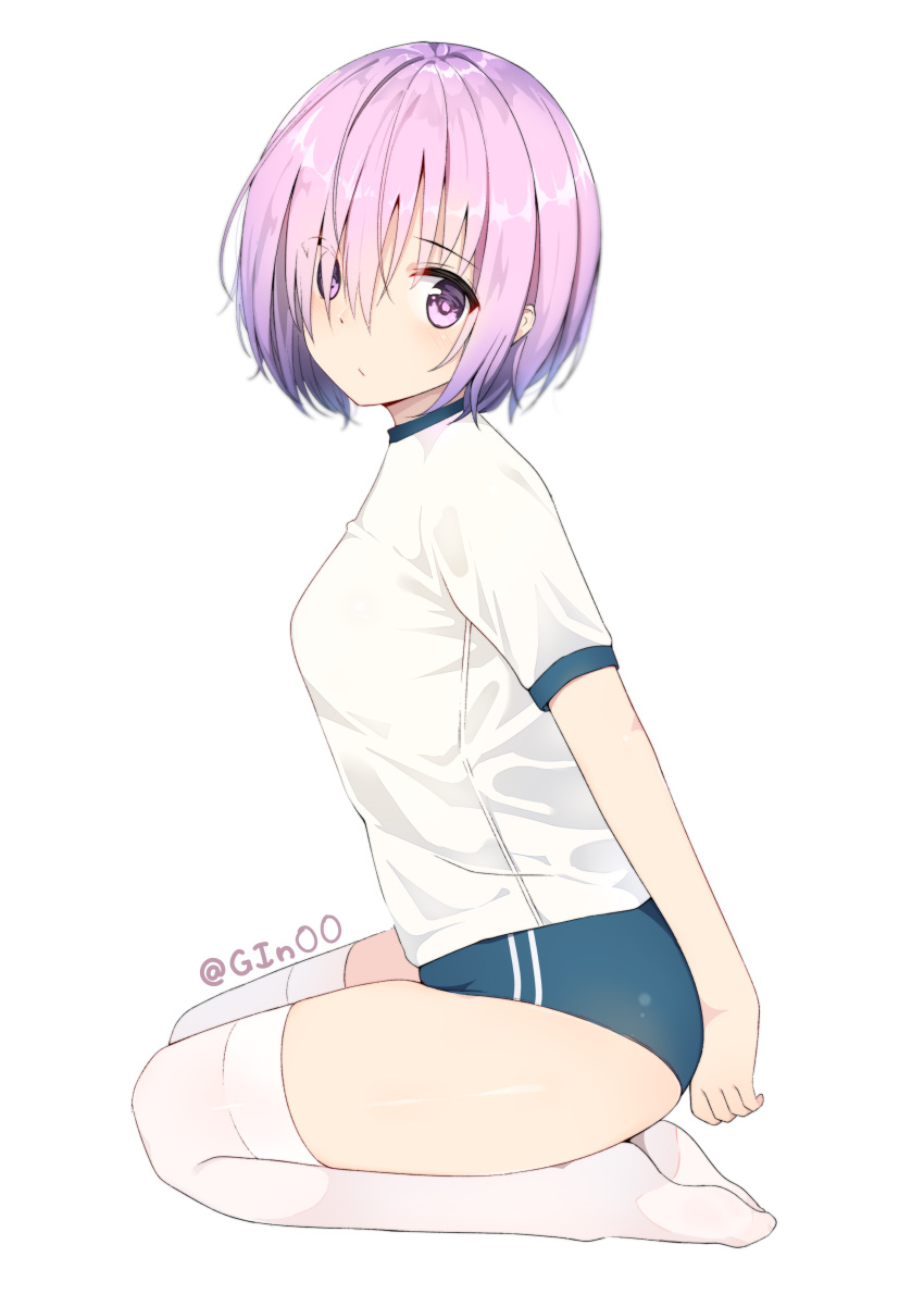 1girl :/ absurdres arms_behind_back blush breasts buruma closed_mouth commentary_request expressionless eyebrows_visible_through_hair eyes_visible_through_hair fate_(series) full_body gin00 gym_uniform hair_over_one_eye highres legs_together looking_at_viewer looking_to_the_side medium_breasts no_shoes pink_hair seiza shielder_(fate/grand_order) shiny shiny_hair shiny_skin shirt short_hair sitting solo tareme thigh-highs thighs twitter_username violet_eyes white_legwear white_shirt