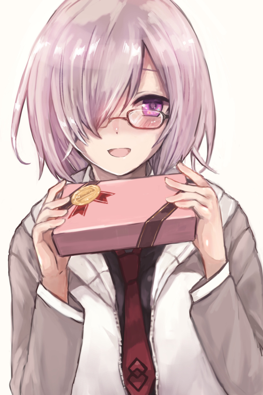 1girl :d absurdres blush box fate/grand_order fate_(series) gift gift_box glasses hair_over_one_eye highres jacket kyota07 looking_at_viewer necktie open_mouth purple_hair red_necktie shielder_(fate/grand_order) short_hair simple_background sketch smile solo upper_body valentine violet_eyes white_background