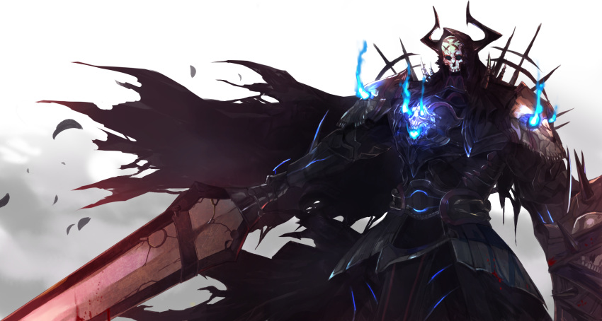 1boy armor black_cape blue_fire cape fate/grand_order fate_(series) fire glowing glowing_eyes grey_background helmet highres holding holding_sword holding_weapon horned_helmet king_hassan_(fate/grand_order) mono_(jdaj) skull_helmet solo spaulders standing sword torn_cape weapon