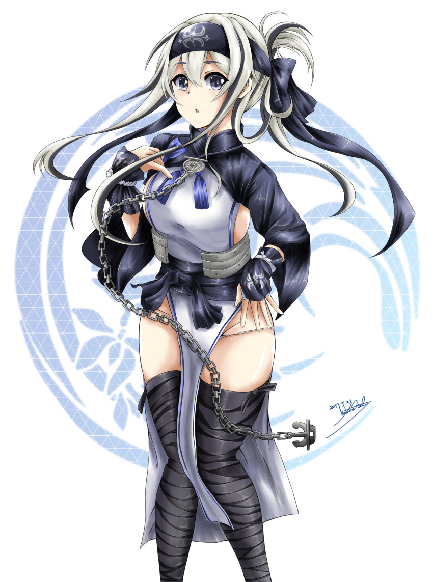 1girl absurdres ainu_clothes bandanna black_legwear blue_eyes chains crest cropped_jacket folded_ponytail hal_nakura headband highres kamoi_(kantai_collection) kantai_collection long_hair long_sleeves looking_at_viewer sidelocks solo thick_eyebrows thigh-highs white_background white_hair wrist_guards