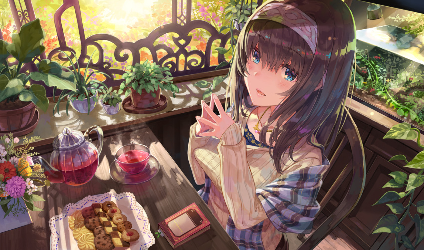1girl bangs black_hair blue_eyes blush book bookmark breasts chair checkerboard_cookie commentary_request cookie cup drink fish_tank flower flower_pot food from_above hairband idolmaster idolmaster_cinderella_girls indoors ivy jewelry long_hair long_sleeves looking_at_viewer necklace open_mouth pendant plaid plant potted_plant ribbed_sweater sagisawa_fumika shawl sitting sleeves_past_wrists smile solo steepled_fingers sunlight sweater table teacup teapot terumii v-neck window window_shade