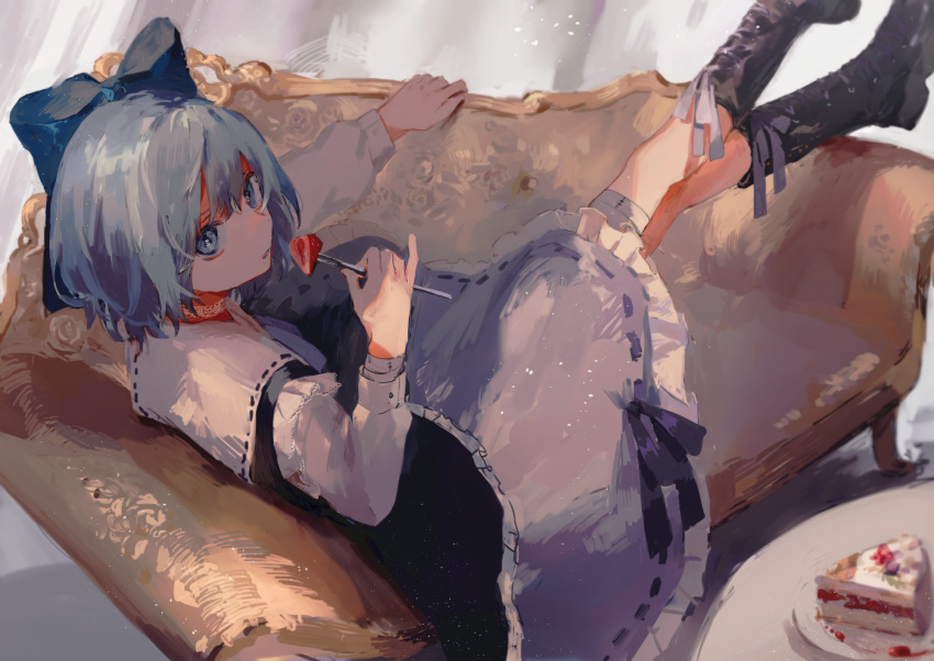 1girl blue_bow blue_eyes blue_hair boots bow cake cirno coach commentary cross-laced_footwear dress food frilled_skirt frills fruit hair_bow highres isshin_(kaxz) lace-up_boots long_sleeves looking_to_the_side lying on_back pinky_out ribbon ribbon-trimmed_collar ribbon-trimmed_skirt ribbon_trim short_hair sidelocks skirt solo strawberry touhou