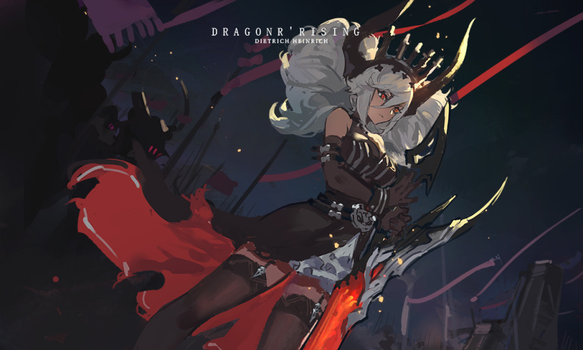 1girl bare_shoulders black_gloves black_legwear breasts crown elbow_gloves garter_straps gloves holding holding_sword holding_weapon kishiyo long_hair original red_eyes solo_focus sword weapon white_hair