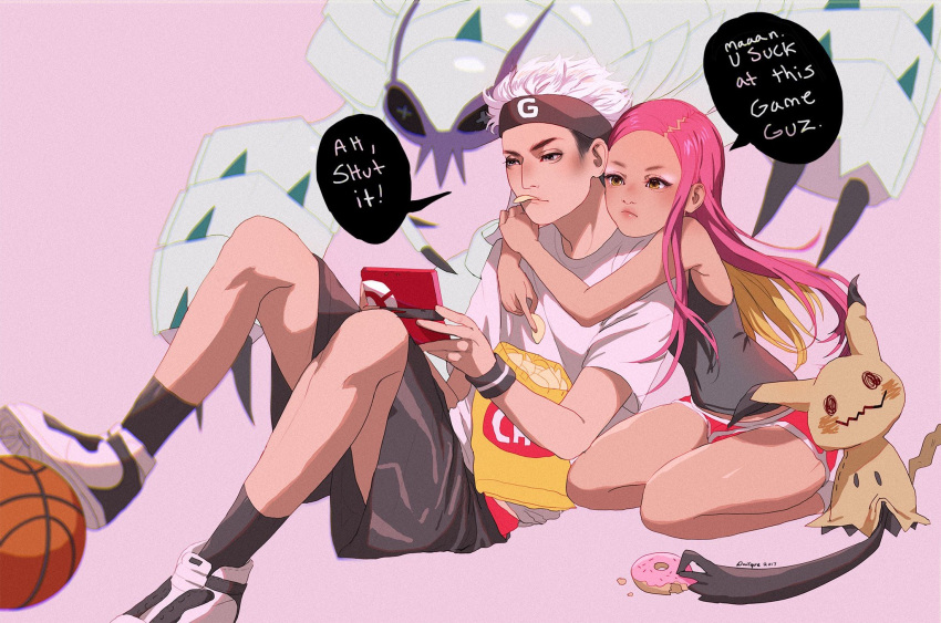 1boy 1girl artist_name basketball black_eyes black_hair black_shirt black_shorts black_socks blonde_hair blush chips dated donyque doughnut food game_console golisopod grey_eyes guzma_(pokemon) handheld_game_console headband highres long_hair mimikyu multicolored_hair nintendo_3ds pink_hair pink_shorts plumeri_(pokemon) pokemon pokemon_(creature) pokemon_(game) pokemon_sm potato_chips purple_background shirt shoes short_hair shorts simple_background sitting sleeveless socks sweatband two-tone_hair white_hair white_shirt white_socks yellow_eyes