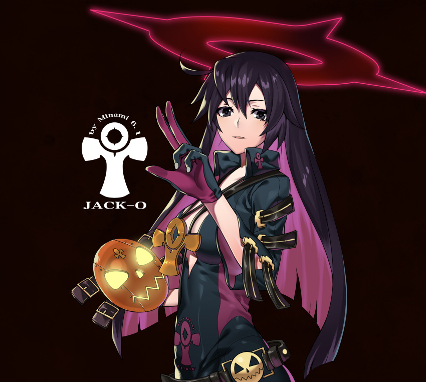 1girl absurdres alternate_color belt black_background black_eyes black_hair breasts gloves guilty_gear guilty_gear_xrd highres jack-o_(guilty_gear) long_hair looking_at_viewer makise_medaka mask multicolored_hair parted_lips pink_hair simple_background solo two-tone_hair
