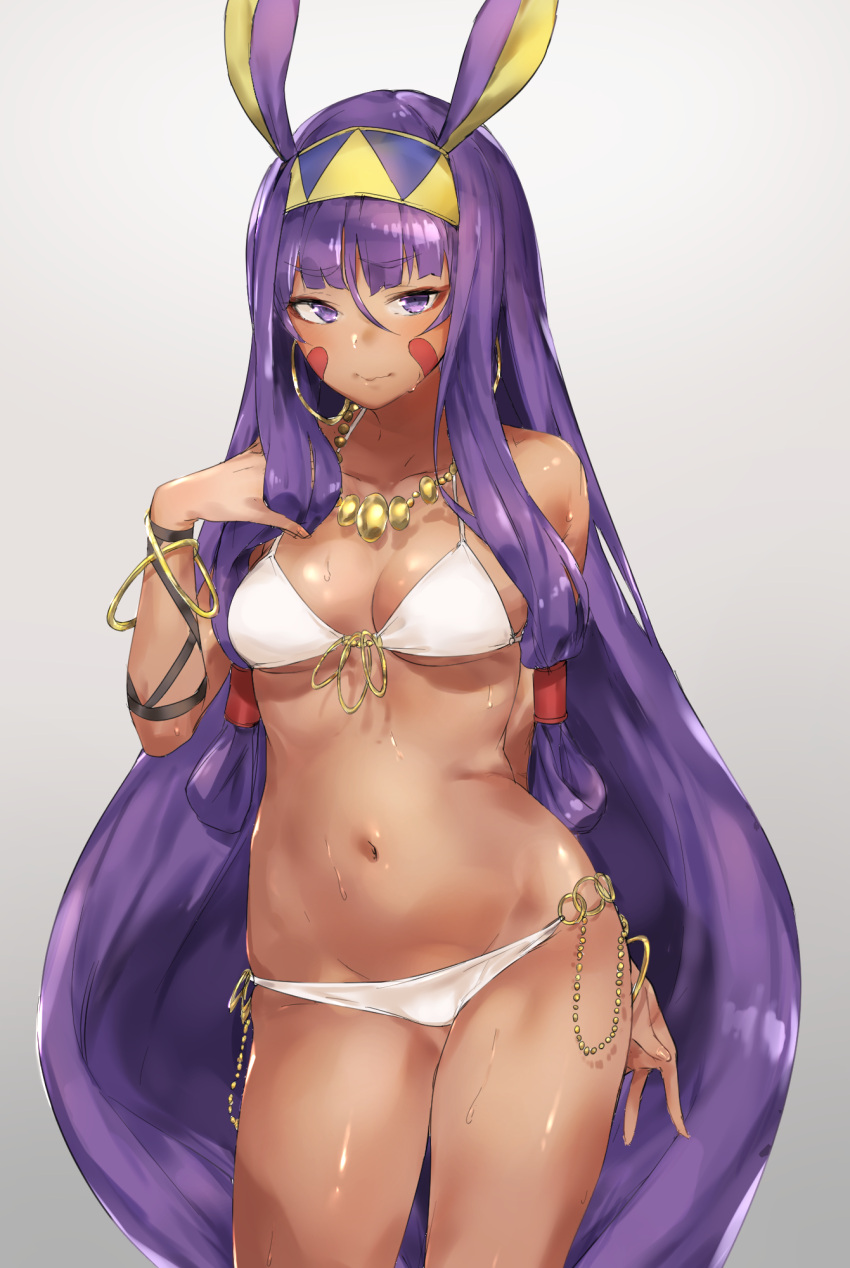 1girl alternate_costume animal_ears bikini blush bracelet breasts cleavage cowboy_shot dark_skin earrings egyptian embarrassed eyebrows_visible_through_hair facial_mark fake_animal_ears fate/grand_order fate_(series) groin halter_top halterneck highres jewelry long_hair looking_at_viewer medium_breasts navel nitocris_(fate/grand_order) purple_hair solo sweat swimsuit thighs violet_eyes wavy_mouth white_bikini yakitomeito