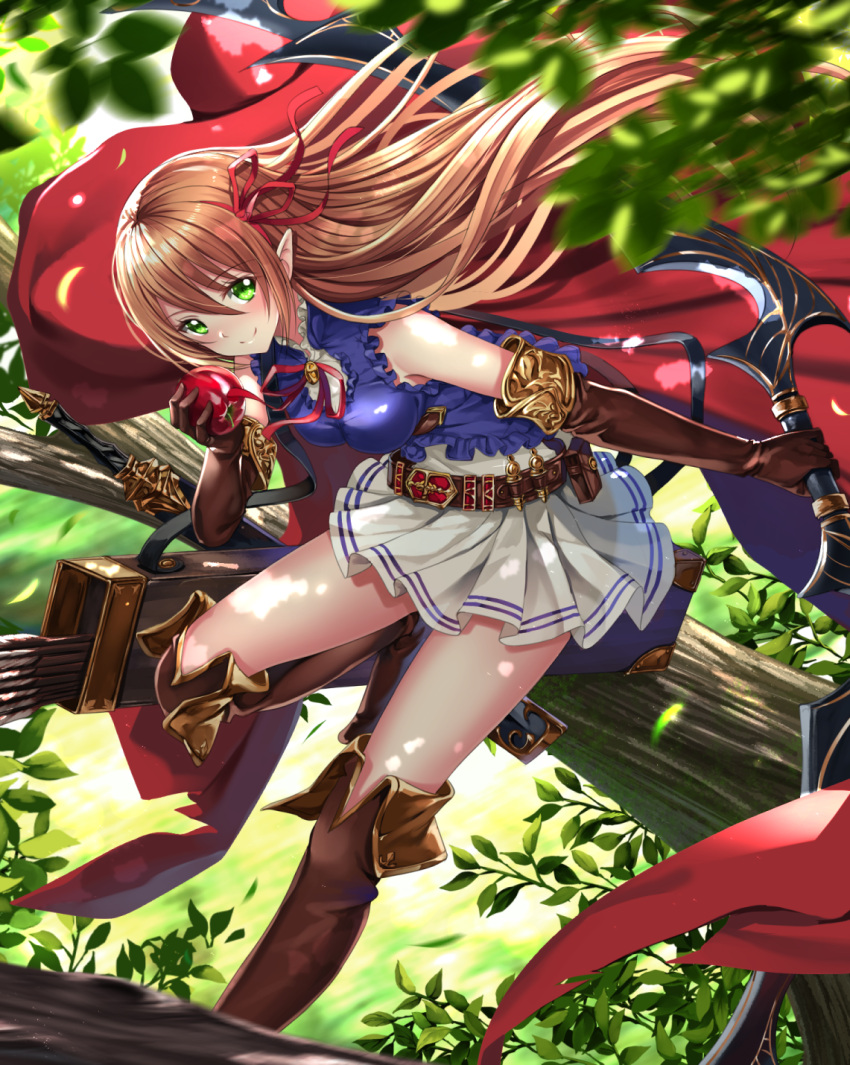 1girl apple arisa_(shadowverse) arrow belt blonde_hair blue_shirt boots bow cape closed_mouth commentary_request elbow_gloves eyebrows_visible_through_hair food frilled_shirt frills fruit gloves green_eyes hair_between_eyes hair_ribbon highres in_tree knee_boots long_hair pointy_ears ribbon shadowverse shirt sitting sitting_in_tree skirt sleeveless sleeveless_shirt smile solo sword swordsouls tree tree_branch weapon